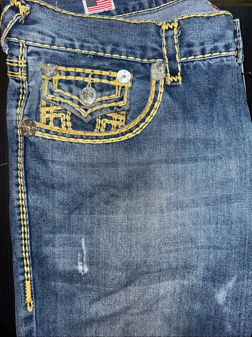 True Religion Men's Blue Jeans with Yellow Contrast Stitching